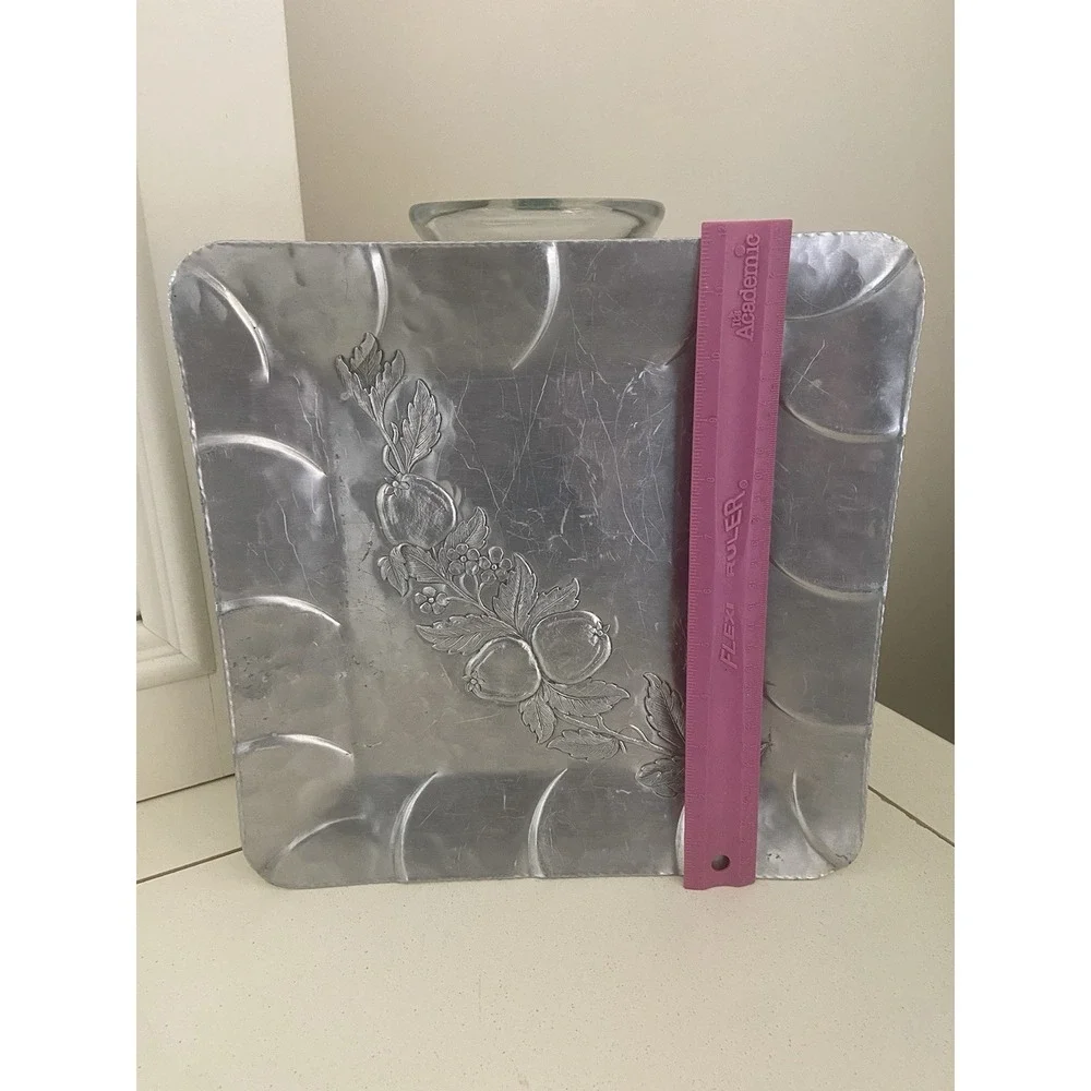 Vintage EVERLAST FORGED ALUMINUM Square Serving Tray Fruit & Floral Design 11.5